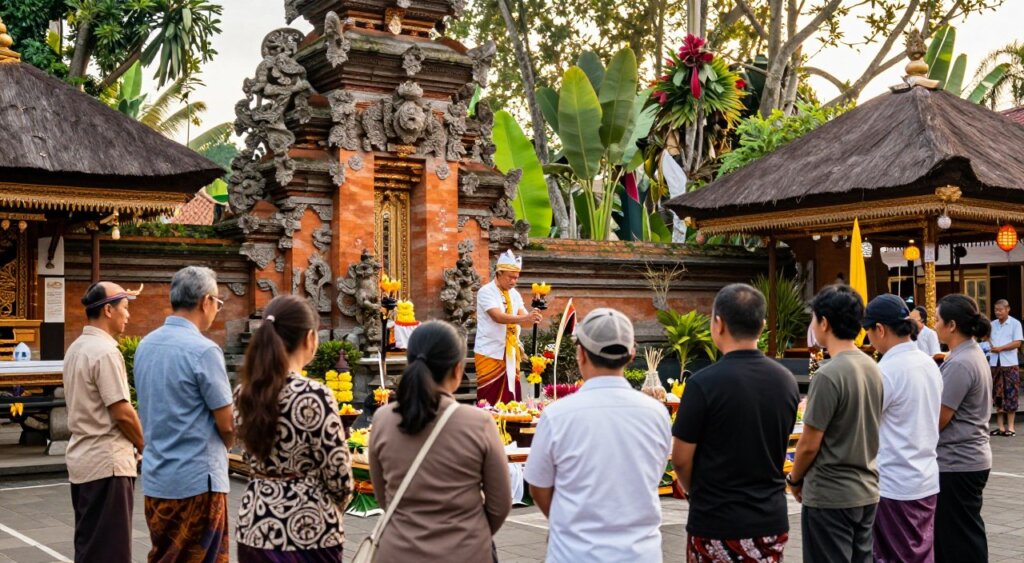 A serene scene capturing temple etiquette in Bali, showcasing respectful interactions between visitors and the local culture. In the foreground, a group of diverse tourists dressed in modest, casual clothing, observing the rituals while maintaining a respectful distance. In the middle ground, a Balinese priest performing a traditional ceremony, adorned in colorful ceremonial attire, surrounded by incense and floral offerings. The background features a beautifully ornate temple, lush tropical greenery, and vibrant decorations typical of Balinese architecture. Soft, golden daylight filters through the trees, creating a tranquil glow that enhances the peaceful atmosphere of reverence and respect. The composition should evoke a sense of harmony and cultural appreciation, focusing on the beauty of the moment and the importance of honoring local traditions.