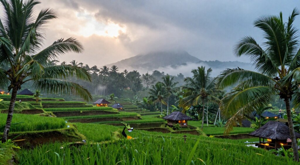 A serene scene of Bali in December, showcasing a lush tropical landscape during gentle rain showers. In the foreground, delicate raindrops fall onto vibrant green palm leaves, glistening in soft daylight. The middle ground features traditional Balinese rice terraces, verdant and glimmering under the rain, interspersed with small local huts that emit warmth from glowing lights inside. In the background, misty mountains loom, partially obscured by cloud cover, enhancing the atmospheric mood. The sky above is a dynamic palette of gray and soft blues, with rays of sunlight breaking through sporadically. Capture this tranquil, refreshing moment with a wide-angle lens to accentuate the depth of the landscape, evoking a peaceful and inviting ambiance, perfect for illustrating the unique weather patterns of Bali in December.