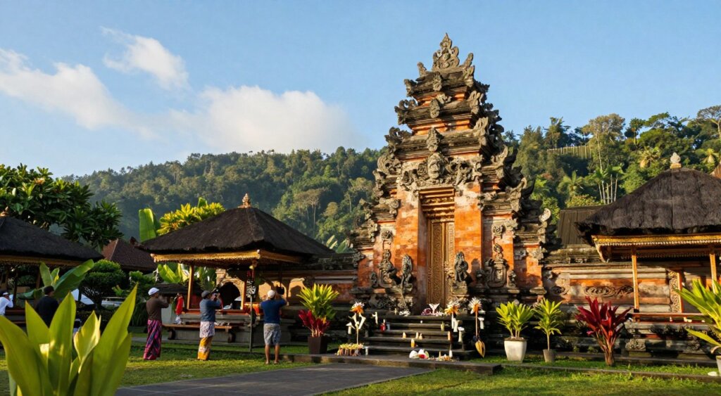 A serene scene of Bali's iconic temples and cultural sites during May, showcasing the lush, green landscape typical of the region. In the foreground, a majestic stone temple, intricately carved with traditional Balinese motifs, stands proudly amidst vibrant tropical flora. The middle layer features offerings laid at the temple entrance, while nearby, modestly dressed visitors are admiring the architecture and taking photos. In the background, the verdant hills and a clear blue sky provide a tranquil backdrop, with a few wispy clouds lazily drifting by. Soft, warm sunlight casts gentle shadows, creating a serene and inviting atmosphere. The image should be captured with a wide-angle lens, emphasizing the grandeur of the temple in an inviting and culturally rich setting.