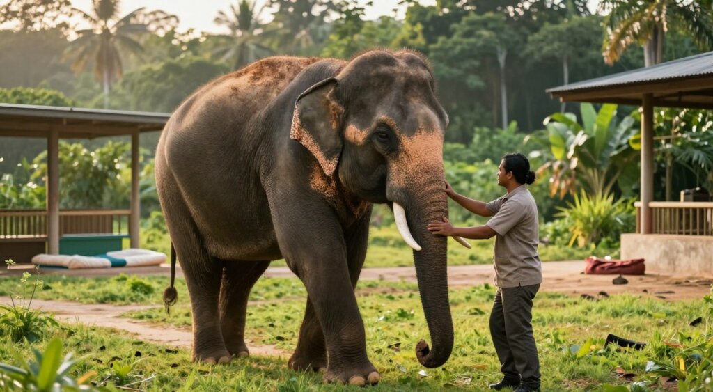 A serene scene of a Sumatran elephant being gently led to a rehabilitation area by a caretaker in professional attire. In the foreground, the caretaker lovingly guides the elephant with a gentle touch. The midground features an open space with lush green grass and natural habitat, showing elements of the rehabilitation center like feeding areas and soft bedding for the elephants. The background includes dense tropical foliage under a warm, golden afternoon sunlight, creating soft shadows that evoke a sense of tranquility. The mood is hopeful and nurturing, reflecting the conservation efforts in place for these majestic creatures. Capture the moment with a shallow depth of field, emphasizing the bond between the elephant and caretaker, in a realistic photojournalism style.