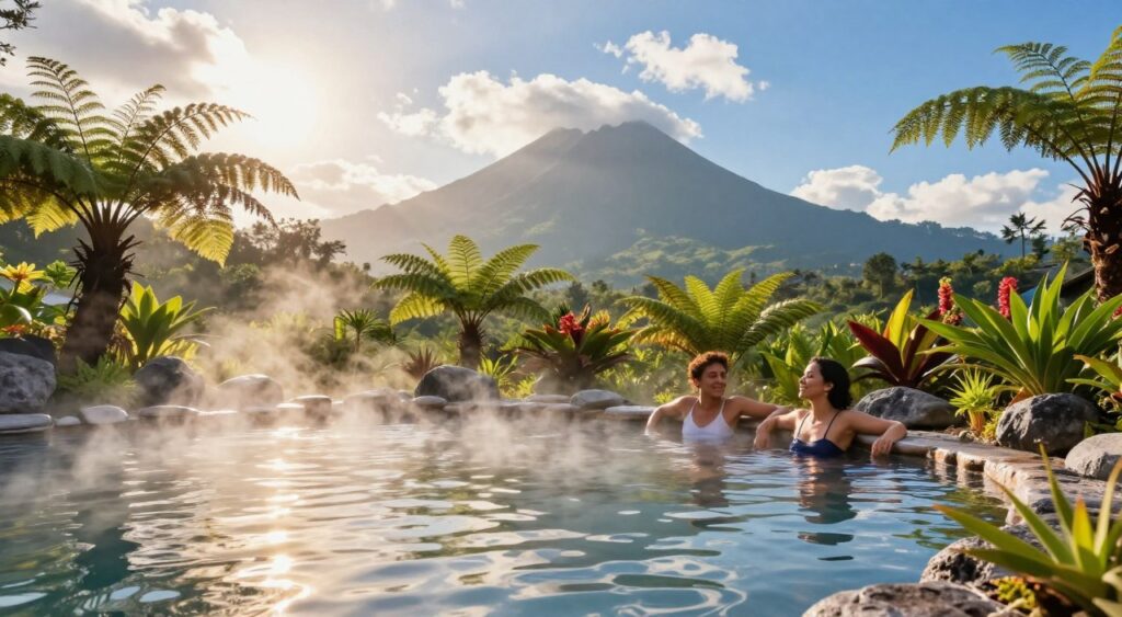 A serene scene of hot springs nestled on the slopes of Mount Batur in Kintamani, Bali. In the foreground, a natural hot spring with steaming crystal-clear water glistens in the golden sunshine, surrounded by lush green ferns and tropical flowering plants. The middle ground features a couple dressed in modest casual clothing, enjoying the relaxing warmth, their expressions blissful and serene, capturing the essence of tranquility. In the background, the majestic silhouette of Mount Batur rises against a bright blue sky dotted with fluffy white clouds. Soft sunlight filters through the haze, creating a peaceful, inviting atmosphere. The image is captured using a wide-angle lens to enhance depth, with vibrant colors that evoke a sense of calm and connection with nature, perfect for an authentic Island experience.
