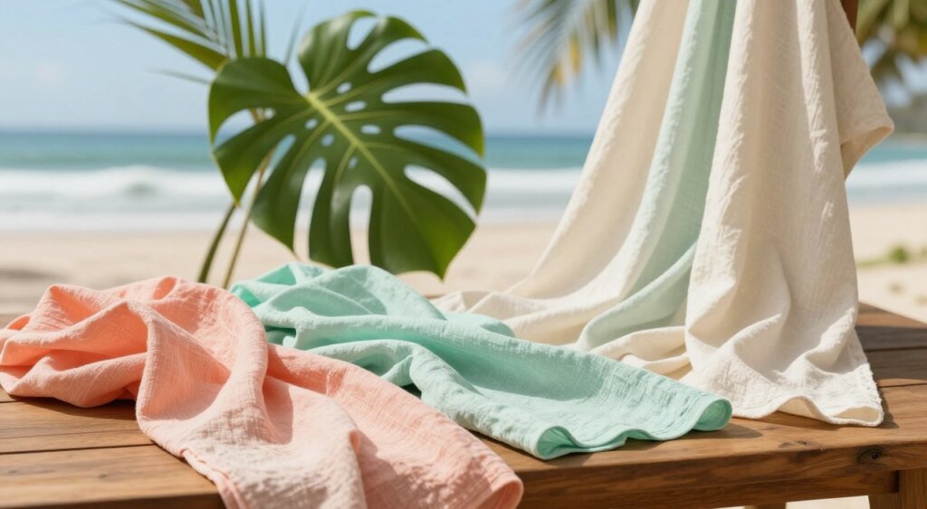 A serene scene showcasing a collection of breathable fabrics ideal for a tropical climate, arranged tastefully on a wooden table. In the foreground, light, airy linen and cotton materials in soft pastel colors – coral, mint, and ivory – drape gracefully, hinting at the comfort they provide. The middle ground features a lush green plant, such as a monstera or palm, adding a touch of Bali-inspired tropical ambiance. The background reveals a soft-focus view of a beachscape with gentle waves and a clear blue sky, enhancing the warm, inviting atmosphere. Soft, natural lighting gently illuminates the fabrics, emphasizing their texture and flow, while capturing the essence of a modern woman’s Bali wardrobe essentials. This image conveys relaxation, style, and the allure of island life.