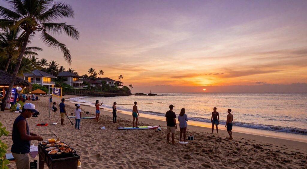 A serene sunset scene at Jimbaran Beach, capturing a vibrant horizon painted with shades of orange and purple. In the foreground, a small group of people, dressed in modest casual clothing, enjoy various activities such as beach volleyball and paddleboarding, exuding joy and relaxation. To the left, a local vendor prepares fresh seafood on a grill, adding a cultural touch. The middle ground features gentle waves lapping at the shore, while palm trees sway slightly in the breeze. In the background, luxurious villas dot the coastline, reflecting the soft golden light of the setting sun. The image is bathed in warm, diffused lighting, evoking a tranquil and inviting atmosphere, perfect for an idyllic beach getaway. The angle is slightly elevated, allowing a panoramic view of both the beach activities and the stunning sunset.