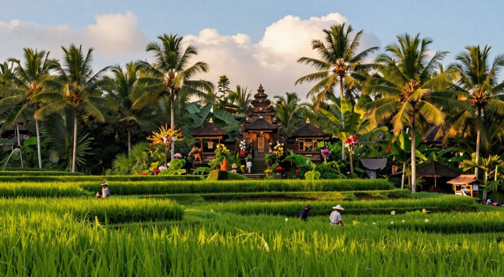 A serene tropical landscape depicting Bali in June, showcasing vibrant green rice terraces in the foreground, dotted with workers in modest casual clothing tending to the crops. In the middle, a traditional Balinese temple emerges, surrounded by lush palm trees and colorful flowers, illuminated by the warm, soft glow of late afternoon sunlight. The background features a clear blue sky with fluffy white clouds, creating an inviting atmosphere perfect for travel. The image captures the tranquil essence of Bali, emphasizing the lush greenery and cultural richness, evoking a sense of peace and adventure ideal for planning a perfect trip. The composition is framed at eye level to immerse the viewer into the scene, highlighting both the natural beauty and cultural elements of Bali in June. A serene tropical landscape depicting Bali in June, showcasing vibrant green rice terraces in the foreground, dotted with workers in modest casual clothing tending to the crops. In the middle, a traditional Balinese temple emerges, surrounded by lush palm trees and colorful flowers, illuminated by the warm, soft glow of late afternoon sunlight. The background features a clear blue sky with fluffy white clouds, creating an inviting atmosphere perfect for travel. The image captures the tranquil essence of Bali, emphasizing the lush greenery and cultural richness, evoking a sense of peace and adventure ideal for planning a perfect trip. The composition is framed at eye level to immerse the viewer into the scene, highlighting both the natural beauty and cultural elements of Bali in June.