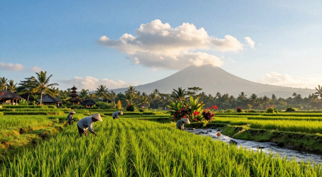 A serene tropical landscape in Bali during July, showcasing a bright, clear sky with soft, puffy clouds gently floating. In the foreground, lush green rice paddies glisten due to gentle sunlight, with a few traditional Balinese farmers in modest casual clothing tending to the crops. In the middle ground, vibrant tropical flowers bloom near a tranquil, flowing stream reflecting the blue sky above. The background features the iconic silhouette of distant volcanic mountains under the warm sunlight, hinting at the island's natural beauty. The atmosphere is inviting and peaceful, with soft, golden hour lighting bathing the scene, evoking a sense of tranquility and relaxation associated with Bali's July weather. The image captures the essence of a typical day in Bali during this time, perfect for highlighting insights about the region's weather.