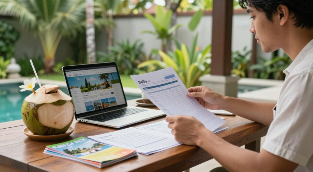 A serene workspace in a Balinese villa, reflecting a well-organized daily budget planning session for a trip to Bali. In the foreground, a neat wooden table is adorned with detailed spreadsheets, a laptop displaying travel websites, and colorful brochures of local attractions. A refreshing coconut drink sits beside a potted frangipani flower, adding a touch of tropical elegance. In the middle ground, a person in modest, casual attire, enthusiastically examines the budget documents, their expression focused and determined. The background showcases lush green gardens typical of Bali, with towering palm trees and a hint of a tranquil pool glistening under soft, natural light, creating a warm and inviting atmosphere. The image captures a mood of preparation and excitement for the journey ahead, with a blend of professionalism and cultural charm.