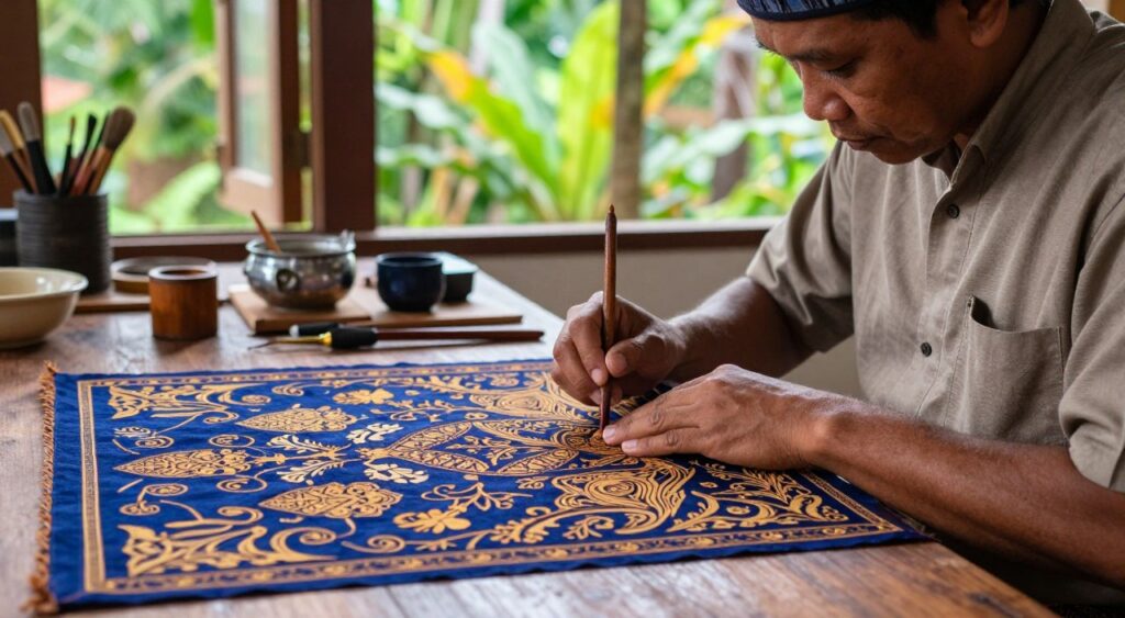 A skilled artisan meticulously applying traditional batik waxing techniques in a serene Bali workshop. In the foreground, the artisan, dressed in modest, professional attire, focuses intently on the intricate details of the fabric. Vibrant batik patterns in rich indigo and gold hues lie on a wooden table, showcasing the delicate craftsmanship involved. In the middle ground, tools such as canting, brushes, and wax pots are artfully arranged, emphasizing the traditional methods used in the process. The background reveals lush tropical foliage through an open window, with soft, natural light illuminating the scene, creating a warm, inviting atmosphere. The composition captures the essence of Batik Bali, highlighting the artistry, culture, and dedication involved in this time-honored technique. A skilled artisan meticulously applying traditional batik waxing techniques in a serene Bali workshop. In the foreground, the artisan, dressed in modest, professional attire, focuses intently on the intricate details of the fabric. Vibrant batik patterns in rich indigo and gold hues lie on a wooden table, showcasing the delicate craftsmanship involved. In the middle ground, tools such as canting, brushes, and wax pots are artfully arranged, emphasizing the traditional methods used in the process. The background reveals lush tropical foliage through an open window, with soft, natural light illuminating the scene, creating a warm, inviting atmosphere. The composition captures the essence of Batik Bali, highlighting the artistry, culture, and dedication involved in this time-honored technique.