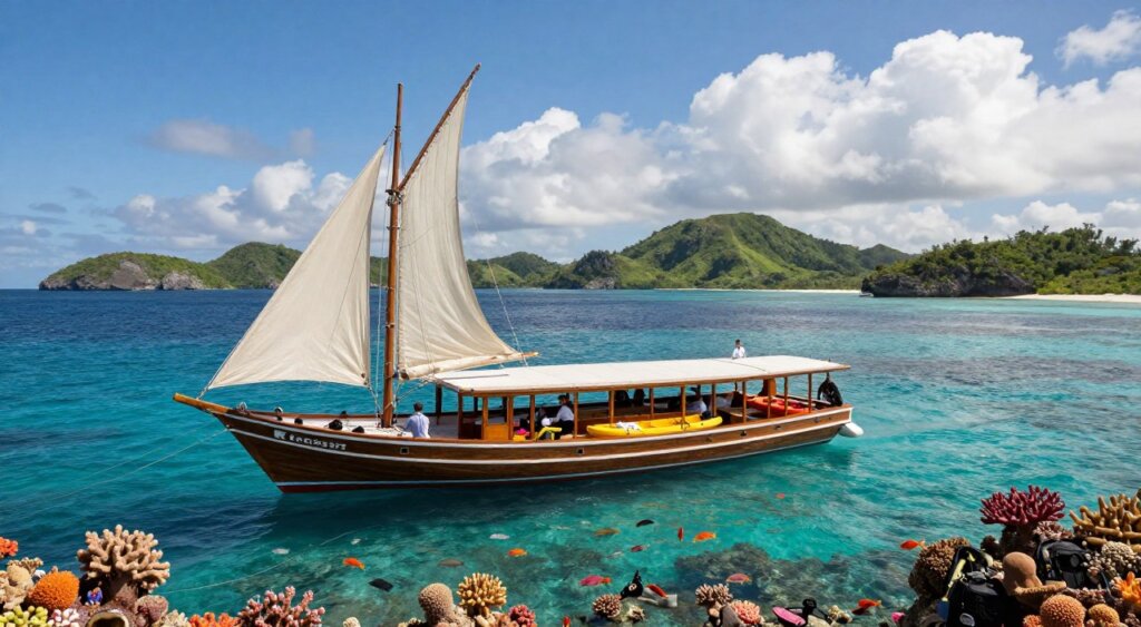 A sleek Komodo Sea Dragon liveaboard boat anchored in turquoise waters, surrounded by vibrant coral reefs. The foreground captures the boat's elegant wooden structure, featuring large sails and a spacious deck with a few passengers in professional attire enjoying the view. In the middle ground, colorful fish swim around, while diving gear and kayaks are arranged neatly on the deck. The background showcases a picturesque landscape of lush green islands under a bright blue sky, with fluffy clouds casting gentle shadows. Soft, natural lighting enhances the scene's serene atmosphere, evoking a sense of adventure and tranquility. The image should be composed with a slightly elevated angle, capturing the boat in its environment, reminiscent of National Geographic quality photojournalism. A sleek Komodo Sea Dragon liveaboard boat anchored in turquoise waters, surrounded by vibrant coral reefs. The foreground captures the boat's elegant wooden structure, featuring large sails and a spacious deck with a few passengers in professional attire enjoying the view. In the middle ground, colorful fish swim around, while diving gear and kayaks are arranged neatly on the deck. The background showcases a picturesque landscape of lush green islands under a bright blue sky, with fluffy clouds casting gentle shadows. Soft, natural lighting enhances the scene's serene atmosphere, evoking a sense of adventure and tranquility. The image should be composed with a slightly elevated angle, capturing the boat in its environment, reminiscent of National Geographic quality photojournalism.