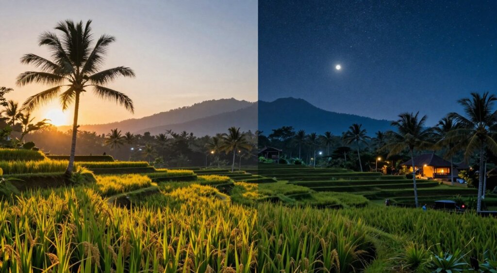 A split-view illustration highlighting the temperature variations in Ubud, Bali, between day and night. In the foreground, depict a serene rice terrace bathed in warm golden sunlight, with lush greenery and swaying palm trees, symbolizing the vibrant day temperatures. Transitioning to the middle section, show a calm evening scene with the same rice terrace under a starry night sky, illuminated by the soft glow of street lamps and the gentle flicker of lanterns. In the background, include distant silhouettes of mountains, with the sun setting on one side and a glowing moon on the other. Use soft, natural lighting for both day and night scenes, capturing a tranquil but vivid atmosphere. The image should evoke a sense of harmony with nature.