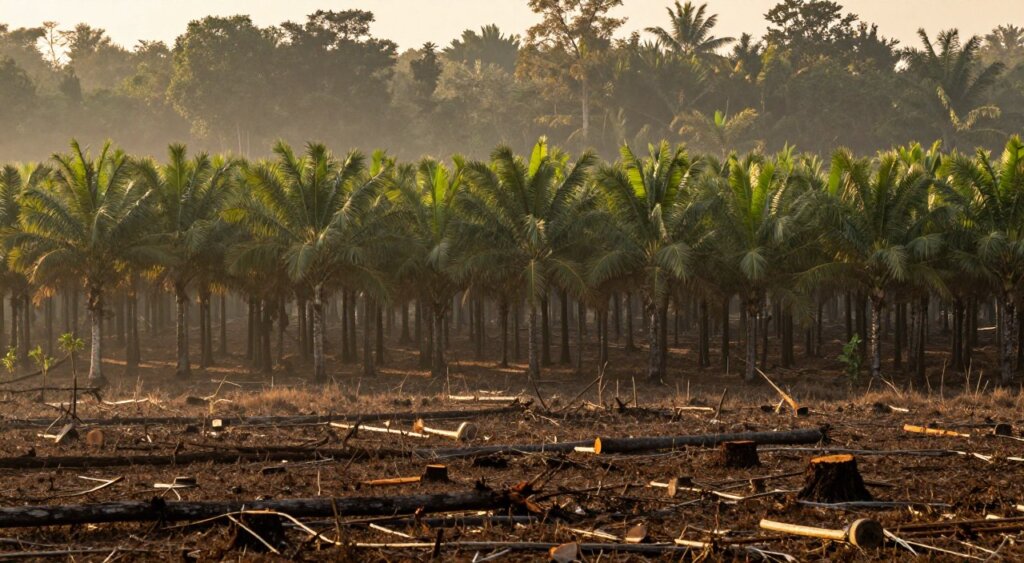 A striking photojournalistic image depicting palm oil expansion deforestation in Indonesia. In the foreground, showcase a barren area with stumps and fallen trees, highlighting the aftermath of logging. In the middle ground, illustrate a rising palm oil plantation with neatly aligned palm trees, their green fronds contrasting the brown earth below. The background should feature a dense forest, partially obscured by mist, symbolizing the natural beauty that’s being lost. Capture the scene during golden hour, with soft, warm lighting casting long shadows, creating a tense yet contemplative atmosphere. Use a wide-angle lens to provide a sweeping view of the landscape, emphasizing the contrast between deforested land and untouched nature, evoking a sense of urgency about environmental change.