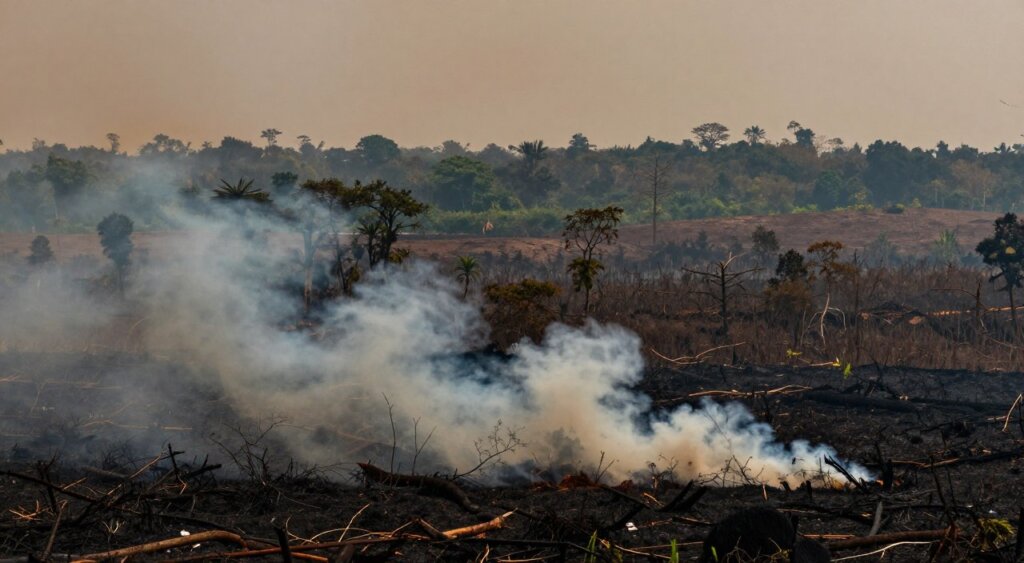 A striking photojournalistic scene depicting the impact of carbon emissions from deforestation in Indonesia. In the foreground, a scorched landscape of felled trees and burning foliage emits rising plumes of thick, dark smoke. The middle ground reveals a stark contrast of bare earth and dying vegetation, teeming with signs of environmental distress. In the background, a fading landscape of lush jungles, now only patches of green surrounded by sparse, barren land, with a dusky, hazy sky painted in shades of orange and grey. Soft, diffused lighting creates a somber mood, emphasizing the gravity of the situation. A wide-angle lens captures the grandeur of destruction while inviting viewers to reflect on the socioeconomic consequences of this ecological crisis. The overall atmosphere is one of urgency and concern for the future.