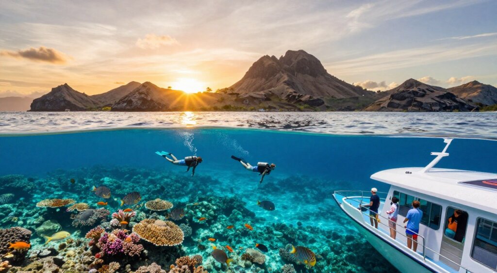 A stunning Komodo liveaboard scene captures the benefits of exploring this lush marine paradise. In the foreground, a sleek liveaboard boat is anchored calmly, its deck filled with guests in modest casual clothing, gazing at the vibrant underwater world through transparent viewing panels. In the middle ground, divers are happily plunging into the crystal-clear turquoise waters, surrounded by colorful coral reefs and a variety of fish species, showcasing the rich biodiversity of the area. In the background, the rugged, picturesque islands of Komodo loom under a radiant sunset, casting a warm, golden glow over the scene. The composition should be shot with a wide-angle lens, emphasizing the expansive sky and landscape, while depicting an atmosphere of adventure, tranquility, and natural beauty reminiscent of high-quality National Geographic photography. A stunning Komodo liveaboard scene captures the benefits of exploring this lush marine paradise. In the foreground, a sleek liveaboard boat is anchored calmly, its deck filled with guests in modest casual clothing, gazing at the vibrant underwater world through transparent viewing panels. In the middle ground, divers are happily plunging into the crystal-clear turquoise waters, surrounded by colorful coral reefs and a variety of fish species, showcasing the rich biodiversity of the area. In the background, the rugged, picturesque islands of Komodo loom under a radiant sunset, casting a warm, golden glow over the scene. The composition should be shot with a wide-angle lens, emphasizing the expansive sky and landscape, while depicting an atmosphere of adventure, tranquility, and natural beauty reminiscent of high-quality National Geographic photography.