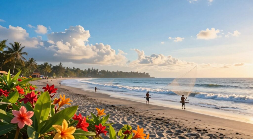 A stunning illustration of Sanur's daily weather cycle. In the foreground, vibrant tropical flowers in full bloom catch the morning sunlight, their colors vivid and fresh. The middle ground features the serene Sanur beach, with gentle waves lapping at the shore and a few local fishermen casting their nets under a bright blue sky. As the eye moves to the background, the majestic silhouette of Bali's coastline meets the horizon, where soft clouds form an intricate tapestry signaling different times of day. Incorporate a transition from sunny to gentle sunset hues, capturing the warmth and charm of the area. Use soft, natural lighting with a slightly elevated angle to convey a peaceful, inviting atmosphere, perfect for a depiction of daily weather changes in this beautiful coastal town. A stunning illustration of Sanur's daily weather cycle. In the foreground, vibrant tropical flowers in full bloom catch the morning sunlight, their colors vivid and fresh. The middle ground features the serene Sanur beach, with gentle waves lapping at the shore and a few local fishermen casting their nets under a bright blue sky. As the eye moves to the background, the majestic silhouette of Bali's coastline meets the horizon, where soft clouds form an intricate tapestry signaling different times of day. Incorporate a transition from sunny to gentle sunset hues, capturing the warmth and charm of the area. Use soft, natural lighting with a slightly elevated angle to convey a peaceful, inviting atmosphere, perfect for a depiction of daily weather changes in this beautiful coastal town.