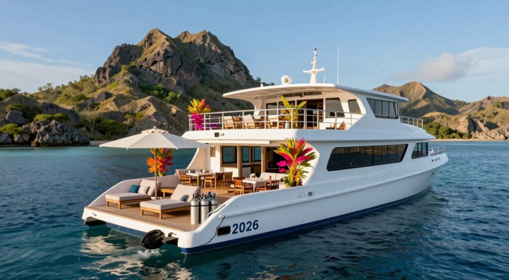 A stunning liveaboard boat anchored in the crystal-clear waters of Komodo National Park, featuring key characteristics of 2026 vessels. In the foreground, a spacious sun deck with comfortable loungers and a parasol, alongside a well-equipped dive station with tanks and gear. The middle ground showcases the boat's sleek hull, modern design, and outdoor dining area with attractive seating arrangements, complete with vibrant tropical plants. In the background, majestic rugged cliffs and lush greenery of the island provide a picturesque landscape under a bright blue sky. The scene is captured during golden hour, casting warm, soft light that enhances the inviting atmosphere of adventure and relaxation. The composition is shot with a wide-angle lens to encompass both the boat’s details and the stunning surroundings, resembling a premium quality travel and adventure photography style. A stunning liveaboard boat anchored in the crystal-clear waters of Komodo National Park, featuring key characteristics of 2026 vessels. In the foreground, a spacious sun deck with comfortable loungers and a parasol, alongside a well-equipped dive station with tanks and gear. The middle ground showcases the boat's sleek hull, modern design, and outdoor dining area with attractive seating arrangements, complete with vibrant tropical plants. In the background, majestic rugged cliffs and lush greenery of the island provide a picturesque landscape under a bright blue sky. The scene is captured during golden hour, casting warm, soft light that enhances the inviting atmosphere of adventure and relaxation. The composition is shot with a wide-angle lens to encompass both the boat’s details and the stunning surroundings, resembling a premium quality travel and adventure photography style.