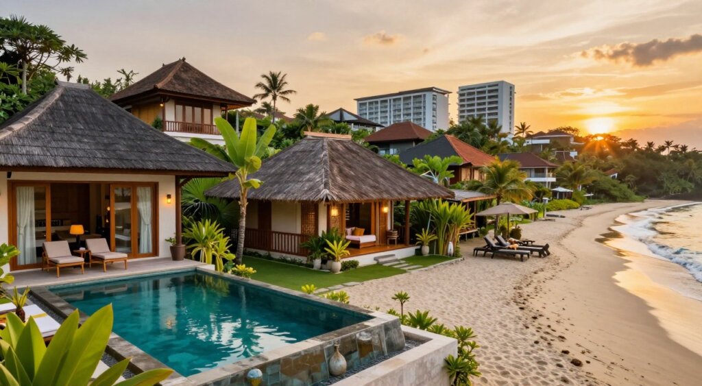 A stunning montage of Bali accommodation options, showcasing a serene beachfront villa with a private pool in the foreground, emphasizing luxurious yet affordable aesthetics. The middle layer features a cozy, rustic guesthouse surrounded by lush tropical gardens, highlighting budget-friendly charm. In the background, a scenic view of traditional Balinese architecture blends with modern high-rise hotels under a vibrant sunset sky, casting warm golden tones across the scene. Use soft, natural lighting to create an inviting atmosphere that captures the essence of Bali's diverse accommodation styles. The composition should feel balanced, with a slight tilt of the camera to add depth, evoking a sense of wanderlust and the beauty of Bali's travel experience.