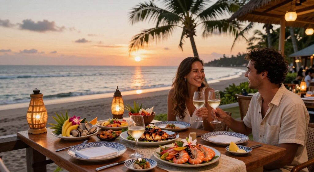 A stunning outdoor seafood dining setup in Jimbaran, Bali, showcasing a beautifully arranged table adorned with fresh seafood dishes like grilled fish, prawns, and clams, garnished with vibrant tropical fruits and flowers. In the foreground, a couple in modest casual attire enjoy their meal, laughing and toasting with glasses of chilled white wine. The middle ground features bamboo lanterns casting a warm, inviting glow and intricately designed plates. The background presents a breathtaking view of the serene Jimbaran beach at sunset, with golden hues reflecting on the water and distant silhouettes of swaying palm trees. The atmosphere is intimate and luxurious, under a softly lit sky, evoking a sense of culinary adventure and relaxation. The image captures a perfect blend of a vibrant dining experience and idyllic beach scenery, ideal for showcasing Bali’s rich culinary culture.
