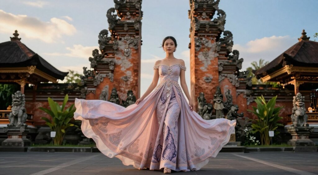 A stunning special occasion dress designed for a Bali temple setting, featuring intricate batik patterns and pastel colors, flowing gracefully to the ground. In the foreground, a model embodies elegance, wearing the dress with modest cut and delicate embellishments, standing confidently with light winds gently lifting the fabric. The middle ground includes lush greenery, traditional Balinese stone carvings, and ornate temple structures, which enhance the cultural ambiance. The background showcases a serene blue sky with soft, warm lighting reminiscent of golden hour, creating a dreamy atmosphere. The scene is captured with a wide-angle lens to emphasize the dress's details and the temple's magnificent architecture, ideal for a professional photojournalism style that invites viewers into the beauty of Bali's aesthetic.
