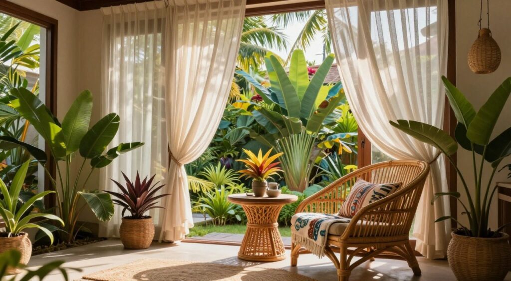 A stunning tropical home interior, showcasing a color palette inspired by Bali, blending warm earth tones with vibrant greens and soft blues. In the foreground, a stylish rattan lounge chair adorned with a cozy, patterned throw, and a small round table showcasing exotic plants. The middle features large windows allowing natural light to flood the space, framed by flowing sheer curtains that dance in a gentle breeze. Lush indoor plants and decorative bamboo elements create a harmonious feel. In the background, subtle hints of the outdoor landscape, perhaps a glimpse of a serene garden with tropical foliage. The scene is bathed in soft, warm afternoon light, evoking a calm and inviting atmosphere, perfect for a cozy, tropical retreat. A stunning tropical home interior, showcasing a color palette inspired by Bali, blending warm earth tones with vibrant greens and soft blues. In the foreground, a stylish rattan lounge chair adorned with a cozy, patterned throw, and a small round table showcasing exotic plants. The middle features large windows allowing natural light to flood the space, framed by flowing sheer curtains that dance in a gentle breeze. Lush indoor plants and decorative bamboo elements create a harmonious feel. In the background, subtle hints of the outdoor landscape, perhaps a glimpse of a serene garden with tropical foliage. The scene is bathed in soft, warm afternoon light, evoking a calm and inviting atmosphere, perfect for a cozy, tropical retreat.