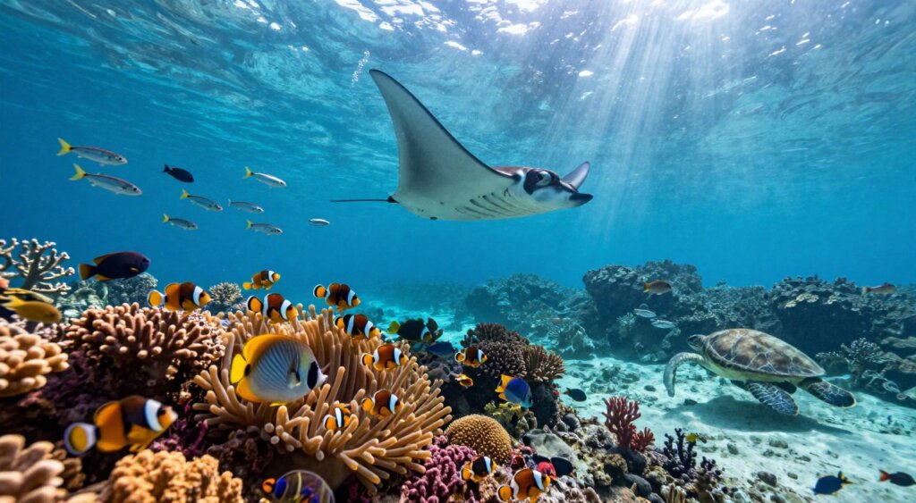 A stunning underwater scene showcasing the diverse dive sites of Komodo National Park. In the foreground, vibrant coral reefs teem with colorful fish, including schools of butterflyfish and clownfish darting among the anemones. The middle ground features a majestic manta ray gliding gracefully, surrounded by swirling schools of sardines. In the background, sunlit rays filter through the crystal-clear water, illuminating the underwater scenery, while rocky formations and an occasional sea turtle swim by. The composition captures the essence of marine life in this pristine location, evoking a sense of adventure and tranquility. The lighting is bright yet soft, reminiscent of a National Geographic photojournalism style, enhancing the rich colors and detailed textures of the coral and marine inhabitants. A stunning underwater scene showcasing the diverse dive sites of Komodo National Park. In the foreground, vibrant coral reefs teem with colorful fish, including schools of butterflyfish and clownfish darting among the anemones. The middle ground features a majestic manta ray gliding gracefully, surrounded by swirling schools of sardines. In the background, sunlit rays filter through the crystal-clear water, illuminating the underwater scenery, while rocky formations and an occasional sea turtle swim by. The composition captures the essence of marine life in this pristine location, evoking a sense of adventure and tranquility. The lighting is bright yet soft, reminiscent of a National Geographic photojournalism style, enhancing the rich colors and detailed textures of the coral and marine inhabitants.
