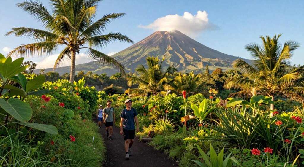 A stunning view of Bali's lush hiking trails in June, showcasing vibrant green foliage and tropical flowers. In the foreground, a well-trodden dirt path winds through towering palms and dense vegetation, hinting at adventure. The middle ground features hikers in modest, casual clothing, trekking happily along the trail, with smiles illuminated by warm, golden sunlight. In the background, majestic volcanic mountains rise against a bright blue sky with a few fluffy clouds, accentuating Bali’s natural beauty. The atmosphere is peaceful yet invigorating, capturing the essence of an outdoor adventure in one of Indonesia’s most breathtaking landscapes. The image is vividly lit, as if taken in the late afternoon, with a slight depth of field to enhance the sense of depth and exploration. A stunning view of Bali's lush hiking trails in June, showcasing vibrant green foliage and tropical flowers. In the foreground, a well-trodden dirt path winds through towering palms and dense vegetation, hinting at adventure. The middle ground features hikers in modest, casual clothing, trekking happily along the trail, with smiles illuminated by warm, golden sunlight. In the background, majestic volcanic mountains rise against a bright blue sky with a few fluffy clouds, accentuating Bali’s natural beauty. The atmosphere is peaceful yet invigorating, capturing the essence of an outdoor adventure in one of Indonesia’s most breathtaking landscapes. The image is vividly lit, as if taken in the late afternoon, with a slight depth of field to enhance the sense of depth and exploration.