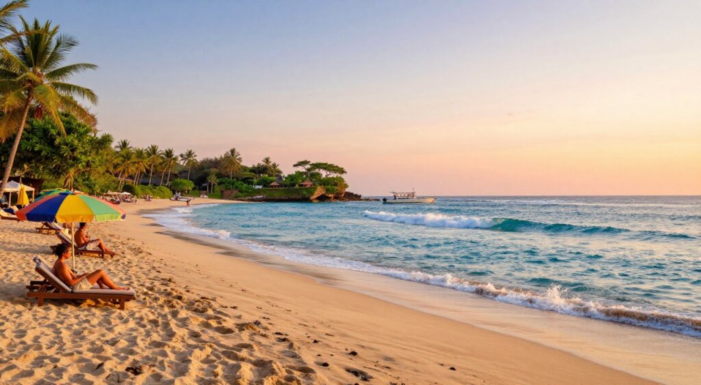 A stunning view of a Bali beach in May, capturing the serene beauty of the coastline. In the foreground, soft golden sand leads into gentle turquoise waves lapping at the shore, intermittently dotted with colorful beach umbrellas and sun loungers occupied by individuals in modest casual clothing, enjoying the sun. The middle ground features a crystalline blue ocean dotted with surfers riding small, inviting waves, and a few boats anchored gracefully. The background showcases lush greenery and towering palm trees swaying in the soft breeze, with a vibrant sunset casting warm hues of orange and pink across the sky. The scene is illuminated by soft, golden hour lighting, evoking a tranquil and inviting atmosphere of a perfect beach day in Bali. Shot with a wide-angle lens to capture the expansive beauty of the landscape. A stunning view of a Bali beach in May, capturing the serene beauty of the coastline. In the foreground, soft golden sand leads into gentle turquoise waves lapping at the shore, intermittently dotted with colorful beach umbrellas and sun loungers occupied by individuals in modest casual clothing, enjoying the sun. The middle ground features a crystalline blue ocean dotted with surfers riding small, inviting waves, and a few boats anchored gracefully. The background showcases lush greenery and towering palm trees swaying in the soft breeze, with a vibrant sunset casting warm hues of orange and pink across the sky. The scene is illuminated by soft, golden hour lighting, evoking a tranquil and inviting atmosphere of a perfect beach day in Bali. Shot with a wide-angle lens to capture the expansive beauty of the landscape.