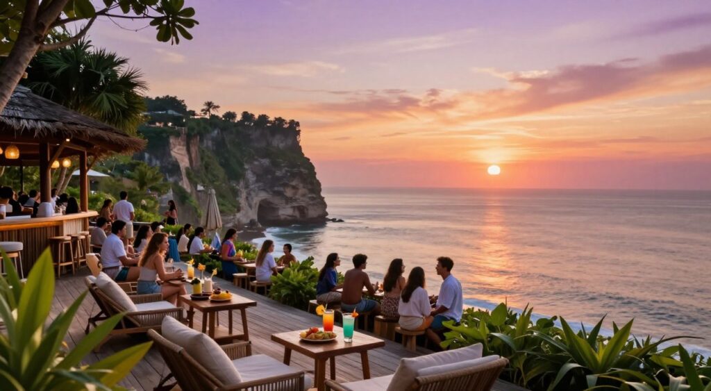 A stunning view of a beach club perched on the majestic cliffs of Uluwatu, with luxurious wooden decks and elegant lounge chairs. In the foreground, tables are set with tropical cocktails and appetizers, surrounded by lush greenery. The middle ground features a lively gathering of people in stylish casual attire, enjoying the vibrant atmosphere as the sun dips below the horizon. The sky is painted in hues of orange, pink, and purple, reflecting off the water's surface, creating a dreamlike scene. In the background, the silhouette of the cliffs enhances the dramatic landscape. Capture this moment with a soft focus on the warm lighting, as if taken with a 50mm lens during golden hour, evoking a serene, inviting mood perfect for relaxation and camaraderie by the ocean. A stunning view of a beach club perched on the majestic cliffs of Uluwatu, with luxurious wooden decks and elegant lounge chairs. In the foreground, tables are set with tropical cocktails and appetizers, surrounded by lush greenery. The middle ground features a lively gathering of people in stylish casual attire, enjoying the vibrant atmosphere as the sun dips below the horizon. The sky is painted in hues of orange, pink, and purple, reflecting off the water's surface, creating a dreamlike scene. In the background, the silhouette of the cliffs enhances the dramatic landscape. Capture this moment with a soft focus on the warm lighting, as if taken with a 50mm lens during golden hour, evoking a serene, inviting mood perfect for relaxation and camaraderie by the ocean.