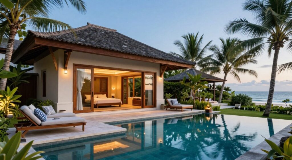 A stunning view of a luxurious villa in Jimbaran, Bali, set amidst tropical gardens. In the foreground, a private infinity pool reflects the clear blue sky, with plush lounge chairs adorned in elegant textiles. The middle ground features a beautifully designed villa with wooden accents and large glass doors that open seamlessly to the outdoor space. Soft lighting highlights the villa's architecture, creating a warm and inviting atmosphere, while subtle shadows suggest late afternoon sunlight. In the background, lush palm trees and a glimpse of Jimbaran beach add to the idyllic setting. The overall mood is tranquil and opulent, evoking a sense of relaxation and luxury, perfect for an upscale getaway in paradise.