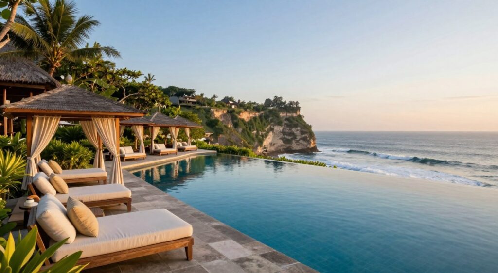 A stunning view of luxurious resorts in Uluwatu, Bali. Foreground features elegant poolside cabanas with plush seating and tropical greenery. The middle ground showcases a beautifully designed infinity pool, reflecting the clear blue sky. In the background, majestic cliffs and the sparkling ocean create a breathtaking coastal scene. The lighting is soft and warm, reminiscent of a golden sunset, casting a serene glow over the landscape. The image captures a peaceful and upscale atmosphere, inviting guests to unwind and relax in a tropical paradise. The lens angle is slightly elevated, providing a wide and inviting perspective of the luxurious accommodations surrounded by nature. The overall mood is tranquil and sophisticated, perfect for showcasing Uluwatu's top-tier hospitality. A stunning view of luxurious resorts in Uluwatu, Bali. Foreground features elegant poolside cabanas with plush seating and tropical greenery. The middle ground showcases a beautifully designed infinity pool, reflecting the clear blue sky. In the background, majestic cliffs and the sparkling ocean create a breathtaking coastal scene. The lighting is soft and warm, reminiscent of a golden sunset, casting a serene glow over the landscape. The image captures a peaceful and upscale atmosphere, inviting guests to unwind and relax in a tropical paradise. The lens angle is slightly elevated, providing a wide and inviting perspective of the luxurious accommodations surrounded by nature. The overall mood is tranquil and sophisticated, perfect for showcasing Uluwatu's top-tier hospitality.