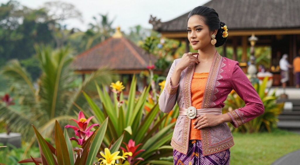 A stylish Balinese model showcases modern Balinese fashion with vibrant colors and intricate patterns, wearing a contemporary Baju Adat with intricate embroidery and a blend of traditional and modern elements. In the foreground, focus on the model's confident pose with elegant accessories, such as handcrafted jewelry. The middle ground features lush, tropical Balinese vegetation, incorporating elements of nature like vibrant flowers and palm leaves, symbolizing Bali's rich culture. The background presents a serene Balinese landscape with traditional architecture softly blurred to emphasize the modern attire. Soft, natural lighting highlights the textures and colors of the fabric, creating a warm, inviting atmosphere. The composition is shot from a slightly elevated angle, capturing both the model and the cultural essence of Bali in a harmonious, Instagram-worthy scene.