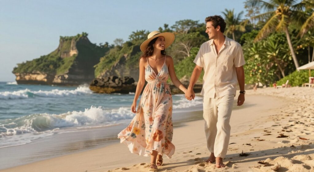 A stylish couple dressed in coordinated outfits, standing on a sandy beach in Bali. The woman wears a flowing, pastel-colored sundress with floral patterns, matched with a wide-brimmed straw hat and elegant sandals. The man complements her look with light, linen trousers and a fitted short-sleeve shirt in a soft, solid color. In the foreground, they hold hands and laugh, showcasing a joyful connection. The middle ground captures gentle waves lapping at the shore, with lush greenery framing the couple. In the background, the iconic Bali cliffs rise against a clear blue sky. The lighting is warm and golden, as if captured during the golden hour, enhancing the cheerful and romantic mood. Render in high-resolution with a soft focus for a dreamy effect.