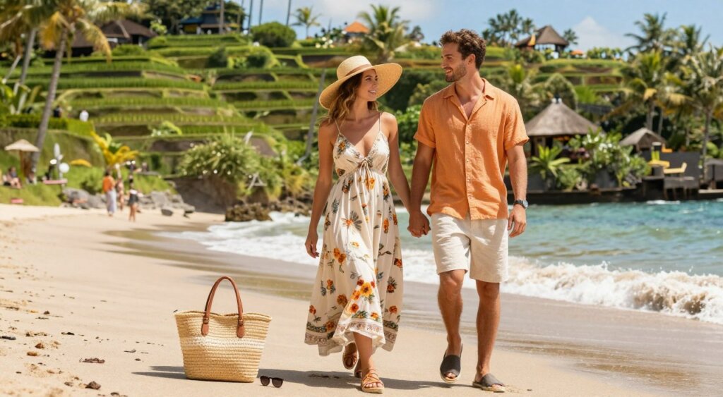 A stylish couple enjoying a sunny day at a tropical beach in Bali, wearing coordinated daytime outfits suitable for both beach and rice terrace exploration. The woman is dressed in a light, flowing sundress adorned with floral patterns, complemented by a wide-brimmed straw hat and chic sandals. The man sports a casual, short-sleeved button-up shirt in a vibrant color paired with lightweight linen shorts and comfortable espadrilles. In the foreground, vibrant beach accessories like a woven beach bag and sunglasses can be seen. The middle ground features soft waves lapping at the shore, while lush green rice terraces rise in the background under a bright blue sky. The image captures a relaxed, joyful atmosphere, with sunlight creating a warm, golden glow, shot at eye level for an immersive perspective.