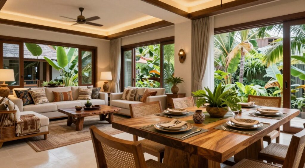 A stylish, functional dining and living area inspired by Balinese design. In the foreground, a beautifully set dining table with tropical elements, featuring natural wood textures, artisanal tableware, and lush green centerpieces. To the left, a cozy living space with a comfortable sofa adorned with decorative cushions and a rustic coffee table. The middle ground showcases large windows allowing natural light to flood in, enhancing the airy ambiance. The background reveals lush tropical foliage visible outside, promoting a sense of openness and connection with nature. The room is bathed in warm, soft lighting, creating a welcoming atmosphere. Captured with a wide-angle lens from a low angle, emphasizing the spaciousness and elegant aesthetics. The overall mood is serene, inviting, and harmonious, perfect for relaxation and social gatherings.