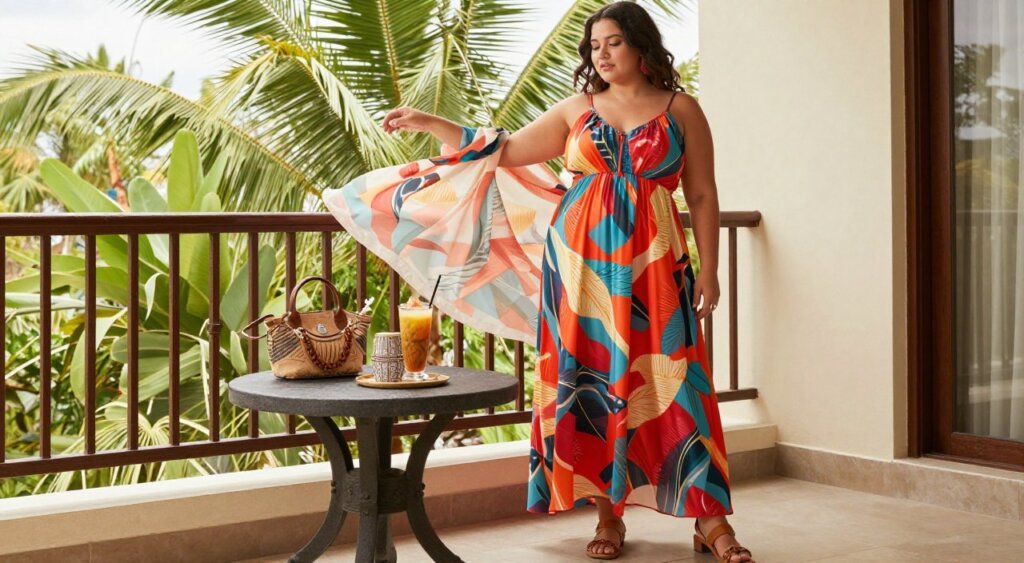 A stylish plus-size woman confidently showcasing her outfit on a sunlit balcony with lush tropical plants in the background, embodying the Bali aesthetic. She wears a flowy, elegant maxi dress in vibrant colors, paired with comfortable yet chic sandals. In her hand, she holds a lightweight, artistic shawl flowing gently in the breeze, adding an element of sophistication. The middle ground features a tastefully arranged small table with a tropical drink and stylish accessories, harmonizing comfort and elegance. The scene is captured in soft, natural lighting, with a focus on warm tones that evoke a relaxed yet fashionable atmosphere. Shot from a slightly angled perspective, emphasizing both the outfit and the inviting environment, this image illustrates the perfect blend of casual chic and elegance that is perfect for plus-size women.