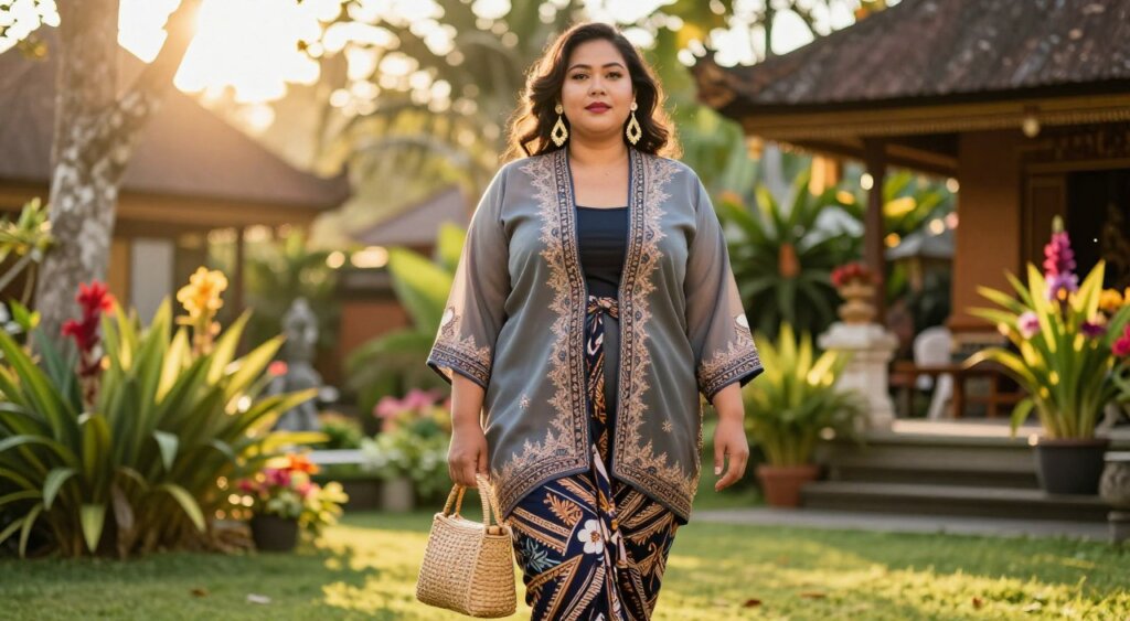 A stylish plus-size woman stands confidently in the foreground, showcasing a contemporary outfit that blends modern fashion trends with traditional Balinese elements, such as intricate batik patterns and elegant embroidery. She wears a flowing, lightweight fabric that drapes beautifully, paired with stylish accessories like statement earrings and a woven bag. The middle ground features a lush Balinese landscape with tropical plants and vibrant flowers, enhancing the traditional vibe. Soft, golden sunlight filters through the trees, casting a warm glow over the scene. The background reveals a glimpse of traditional Balinese architecture, blending seamlessly with the modern fashion statement. The overall mood is uplifting and harmonious, celebrating body positivity and cultural richness. This image captures the essence of mixing modern trends with traditional vibes in a beautiful, respectful manner.