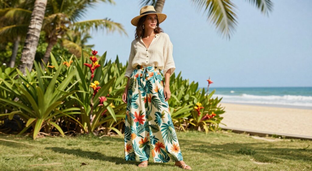 A stylish woman in a chic, Bali-inspired outfit stands in an elegant tropical setting, showcasing versatile travel outfit combinations. In the foreground, she wears a light, airy linen blouse paired with flowy, high-waisted wide-leg trousers featuring vibrant botanical prints. Accessories include a woven straw hat and minimalist sandals, enhancing the casual yet refined look. The middle ground reveals lush greenery, colorful tropical flowers, and a glimpse of a serene beach. The background features soft sands and gentle waves under a bright, clear blue sky. The image captures warm, natural daylight, creating a relaxed, inviting atmosphere that embodies a Bali aesthetic. Angle the shot slightly to emphasize the outfits while maintaining the beauty of the surroundings, evoking a sense of adventure and style.