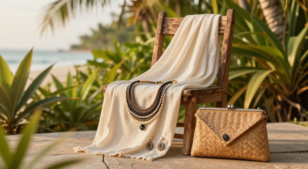 A stylishly curated set of Bali accessories seamlessly arranged on a vibrant tropical backdrop. In the foreground, showcase a layered necklace with intricate beadwork, a pair of handcrafted earrings, and a woven clutch, all reflecting traditional Balinese craftsmanship. In the middle, display a light, airy outfit draped over a rustic wooden chair, accentuating the accessories. The background features lush green foliage and a hint of a serene beach, bathed in soft, warm sunlight that gives a golden hour glow. The atmosphere is relaxed yet chic, evoking a sense of tropical elegance and modern sophistication. Use a shallow depth of field to focus on the accessories, highlighting their details while maintaining a dreamy blur of the background.