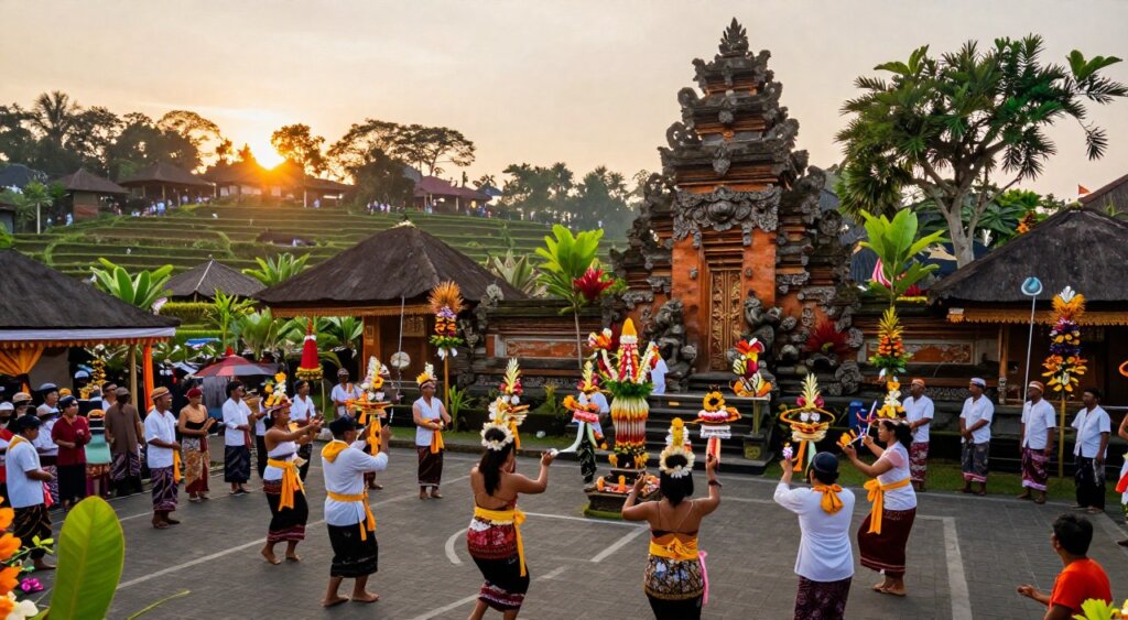 A vibrant Bali cultural event in November, showcasing traditional Balinese ceremonies. In the foreground, a group of locals dressed in modest traditional attire, performing a unique dance with colorful floral offerings. The middle ground features a beautifully adorned temple with intricate carvings, surrounded by lush greenery and vibrant tropical flowers. In the background, the sun sets behind distant rice terraces, casting a warm golden glow over the scene. The atmosphere is festive and inviting, filled with the energy of community celebration. The lighting is soft and warm, creating a serene ambiance. Capture this scene from a slightly elevated angle to provide a comprehensive view of the event's lively dynamics.