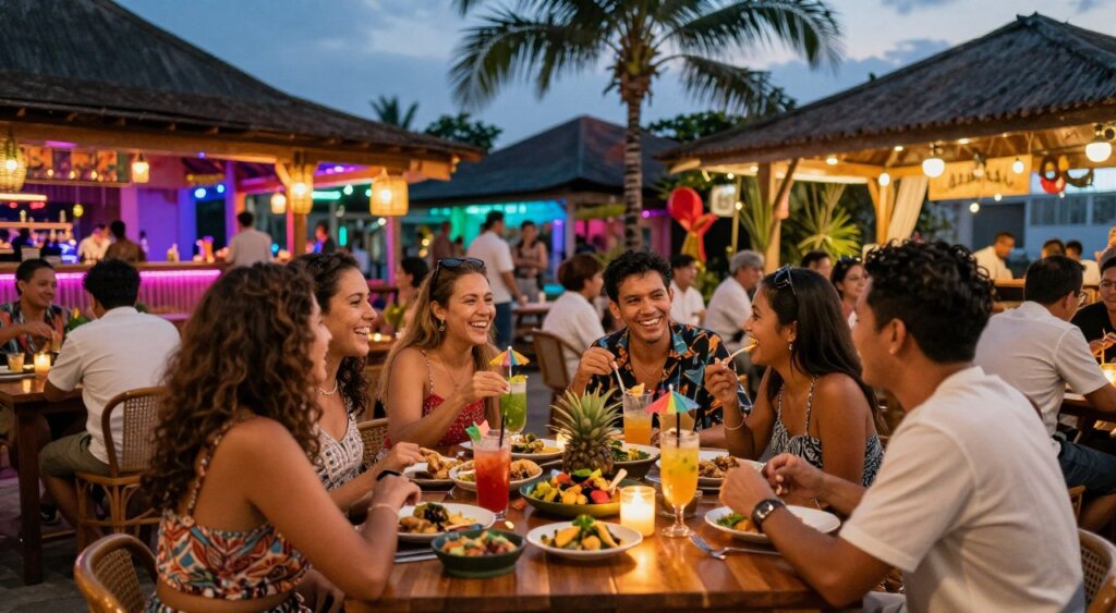 A vibrant Bali dining scene at dusk, capturing the lively ambiance of both Kuta and Seminyak. In the foreground, a beautifully arranged wooden dining table with an array of tropical dishes, drinks adorned with colorful umbrellas, and flickering candles. In the middle, groups of people enjoying their meals, dressed in stylish yet modest evening attire, laughing and engaging in conversation. The background showcases a blend of chic bars with colorful neon lights, palm trees swaying gently in the warm breeze, and festive decorations. The scene is illuminated by soft, warm lighting that creates an inviting atmosphere, perfect for nightlife. Use a wide-angle lens to capture the liveliness and depth of the bustling street, evoking a sense of excitement and charm.