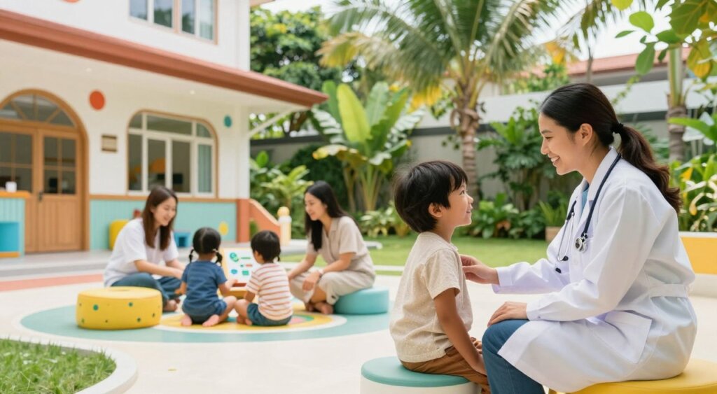 A vibrant Bali healthcare facility designed for children, showcasing a modern, child-friendly exterior featuring bright colors and whimsical designs. In the foreground, a smiling medical professional in a white coat interacts warmly with a young child, both dressed in modest, casual clothing. In the middle ground, children are seen engaging with interactive health education materials while parents look on, assuring a nurturing atmosphere. The background displays lush tropical foliage and modern architecture typical of Bali, with soft natural lighting filtering through. The scene conveys a sense of safety, comfort, and professionalism, inviting families to explore the healthcare options available for their children in Bali. Capture this in a realistic, photojournalism style with a focus on clarity and detail.