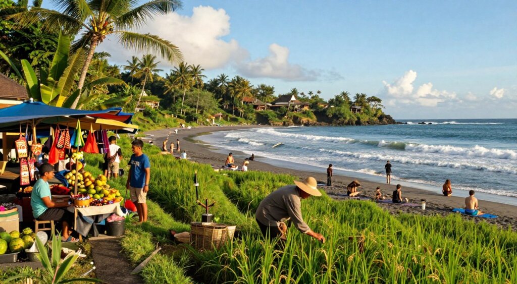 A vibrant Bali scene depicting May activities and attractions. In the foreground, a lush rice terrace with a local farmer in modest casual clothing, tending to the crops. To the left, a colorful market stall showcasing tropical fruits and handmade crafts, with friendly vendors engaging with tourists. The middle ground features a tranquil beach with families enjoying the sun, people practicing yoga on mats, and surfers catching gentle waves. In the background, the iconic Ubud jungle landscape under a bright blue sky, with occasional fluffy white clouds. The lighting is warm and inviting, hinting at a late afternoon sun, casting soft shadows that enhance the vibrant colors of nature. The atmosphere is lively and relaxed, capturing the essence of Bali in May. A vibrant Bali scene depicting May activities and attractions. In the foreground, a lush rice terrace with a local farmer in modest casual clothing, tending to the crops. To the left, a colorful market stall showcasing tropical fruits and handmade crafts, with friendly vendors engaging with tourists. The middle ground features a tranquil beach with families enjoying the sun, people practicing yoga on mats, and surfers catching gentle waves. In the background, the iconic Ubud jungle landscape under a bright blue sky, with occasional fluffy white clouds. The lighting is warm and inviting, hinting at a late afternoon sun, casting soft shadows that enhance the vibrant colors of nature. The atmosphere is lively and relaxed, capturing the essence of Bali in May.