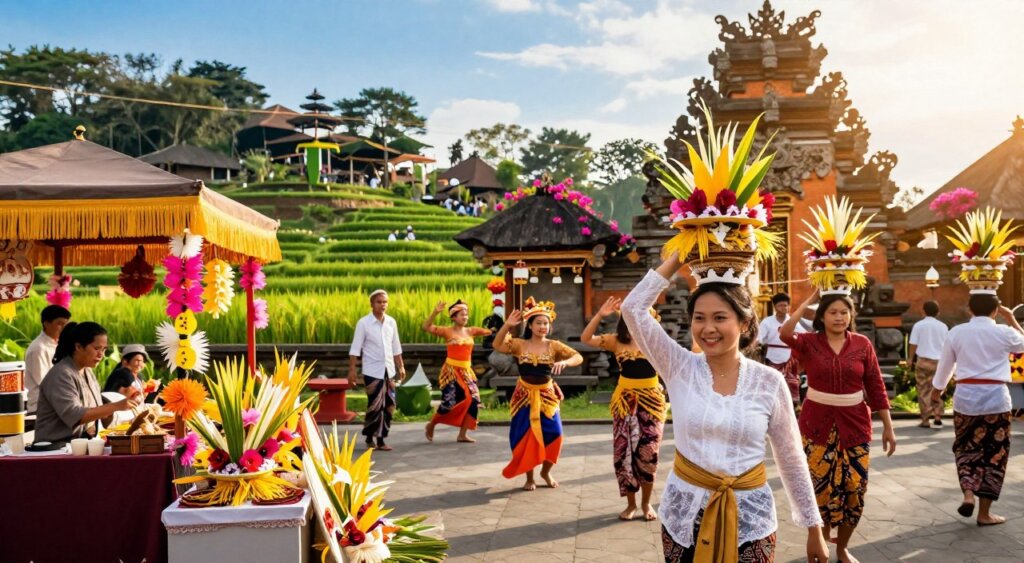 A vibrant Balinese cultural scene during a local festival in April, featuring a group of locals dressed in traditional attire with colorful offerings. In the foreground, a woman carries a beautifully adorned canang sari (offerings) on her head, smiling as she walks towards a temple. In the middle, various stalls adorned with bright decorations showcase traditional crafts, while people engage in dance performances. The background features lush green rice terraces and a majestic temple surrounded by bougainvillea flowers, under a bright blue sky. Soft, warm sunlight casts a golden glow, enhancing the celebratory atmosphere, with a depth of field that draws attention to the joyful expressions of the participants. A vibrant Balinese cultural scene during a local festival in April, featuring a group of locals dressed in traditional attire with colorful offerings. In the foreground, a woman carries a beautifully adorned canang sari (offerings) on her head, smiling as she walks towards a temple. In the middle, various stalls adorned with bright decorations showcase traditional crafts, while people engage in dance performances. The background features lush green rice terraces and a majestic temple surrounded by bougainvillea flowers, under a bright blue sky. Soft, warm sunlight casts a golden glow, enhancing the celebratory atmosphere, with a depth of field that draws attention to the joyful expressions of the participants.