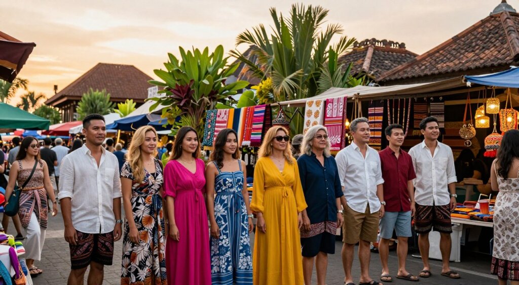 A vibrant Balinese market scene showcasing a variety of versatile outfit combinations suitable for stylish travel. In the foreground, a diverse group of individuals display an array of outfits, including lightweight linen shirts, flowy maxi dresses, and tailored shorts, combining bright colors and intricate patterns. In the middle ground, lush tropical plants and traditional Balinese architecture provide context, with colorful textiles and handmade accessories arranged artfully. The background features a gentle sunset, casting warm, golden light over the scene. The atmosphere is lively and inviting, embodying a relaxed yet fashionable Bali aesthetic. Capture the energy with a slightly elevated angle for depth and a focus on the outfits, ensuring the image feels like a professional photojournalism shot perfect for social media sharing.