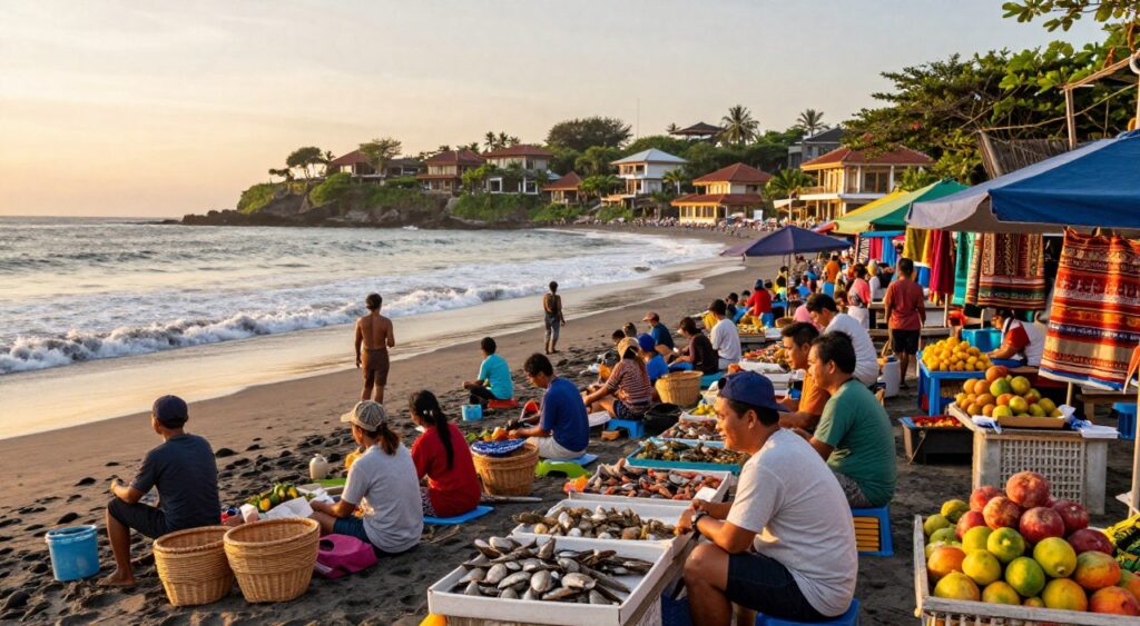 A vibrant Jimbaran beach market scene at sunset, showcasing a bustling atmosphere filled with traditional Balinese stalls selling fresh seafood, local crafts, and colorful fruits. In the foreground, people in modest casual clothing interacting with friendly vendors, their faces illuminated by warm golden light. The middle ground features neatly arranged market stalls adorned with woven baskets and decorative textiles, with fishermen preparing their catch of the day. In the background, the stunning coastline of Jimbaran Beach is visible, with gentle waves lapping the shore and luxurious villas perched on the hillside, surrounded by lush greenery. The overall mood is lively and inviting, capturing the essence of local culture and the idyllic beauty of Bali. The composition is photo-realistic, shot with a wide-angle lens to emphasize depth and detail, while the soft lighting enhances the picturesque scene.