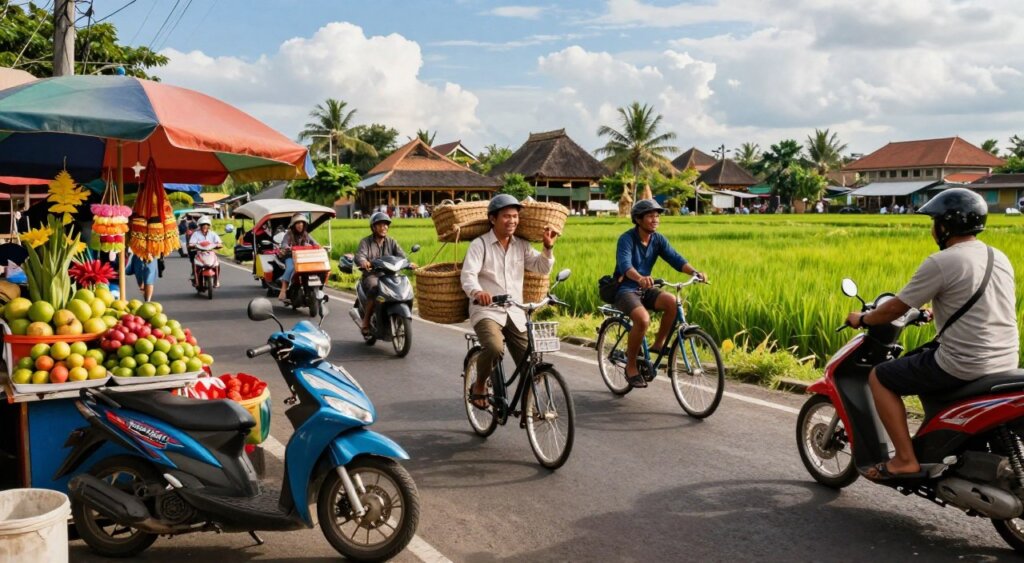 A vibrant and bustling street scene in Bali during June, showcasing various local transportation options. In the foreground, a traditional Balinese scooter parked beside a colorful market stall, vibrant fruits and flowers on display. In the middle ground, a friendly local man in modest casual clothing carrying a basket, as well as tourists riding bicycles and scooters, highlighting the local travel culture. In the background, lush green rice paddies and traditional Balinese architecture under a bright blue sky, with playful clouds. The lighting is warm, reminiscent of a sunny afternoon, casting soft shadows that enhance the lively atmosphere. Capture the essence of adventure and exploration, perfect for navigating Bali’s diverse landscapes and vibrant communities. A vibrant and bustling street scene in Bali during June, showcasing various local transportation options. In the foreground, a traditional Balinese scooter parked beside a colorful market stall, vibrant fruits and flowers on display. In the middle ground, a friendly local man in modest casual clothing carrying a basket, as well as tourists riding bicycles and scooters, highlighting the local travel culture. In the background, lush green rice paddies and traditional Balinese architecture under a bright blue sky, with playful clouds. The lighting is warm, reminiscent of a sunny afternoon, casting soft shadows that enhance the lively atmosphere. Capture the essence of adventure and exploration, perfect for navigating Bali’s diverse landscapes and vibrant communities.