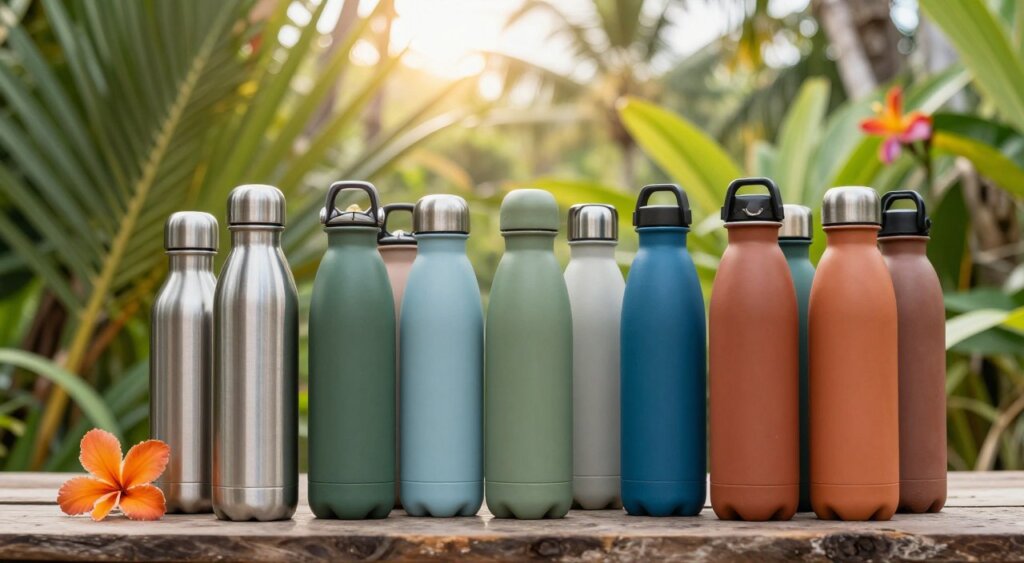 A vibrant and inspiring scene featuring a variety of eco-friendly, reusable water bottles in an outdoor setting. In the foreground, highlight an assortment of sleek stainless steel and BPA-free plastic bottles in earthy tones like green, blue, and terracotta, arranged on a rustic wooden surface. In the middle ground, display lush tropical foliage typical of Bali, including palm leaves and vibrant flowers that evoke a sense of adventure. The background should feature soft, diffused sunlight filtering through the trees, creating a warm, inviting atmosphere. Capture this image with a slightly tilted angle, using natural light to emphasize the textures and colors of the bottles. Aim for a serene and eco-conscious mood, embodying the essence of sustainable travel in Bali.