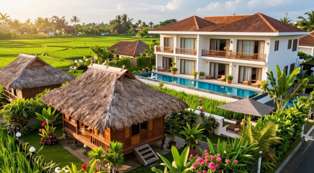 A vibrant and inviting scene of diverse local accommodations in Bali during July, showcasing a mix of traditional Balinese guesthouses and modern boutique hotels. In the foreground, display a charming wooden bungalow with thatched roof surrounded by lush tropical plants and blooming flowers. In the middle ground, depict a sleek, contemporary hotel with infinity pools reflecting the blue sky. In the background, include lush green rice paddies under soft, golden sunlight, creating a serene atmosphere. Capture the warmth of a summer day with bright, natural lighting and a slightly elevated angle to highlight the layout. Aim for a tranquil and inviting mood, emphasizing the beauty of Bali’s hospitality options in July.