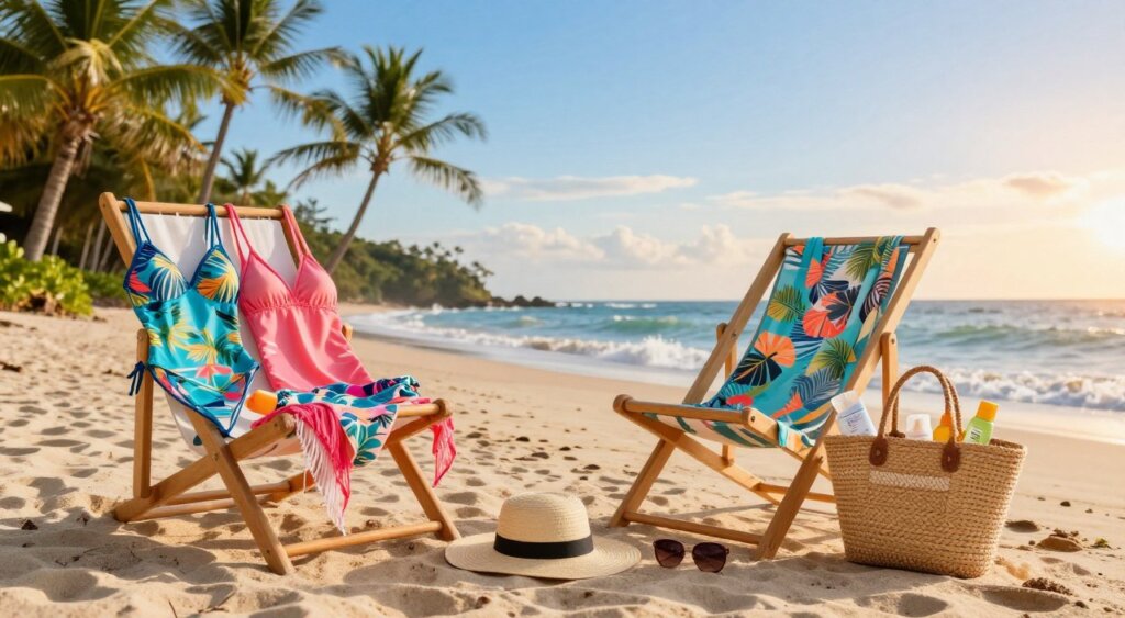 A vibrant and inviting scene showcasing a neatly arranged selection of swimwear and beach accessories suitable for Bali. In the foreground, display colorful tropical-patterned swimsuits and lightweight cover-ups draped over a wicker beach chair. Nearby, feature stylish beach hats, sunglasses, and a woven tote bag filled with health items like sunscreen and insect repellent. The middle ground should include a picturesque sandy beach with gentle waves lapping against the shore, adorned with palm trees swaying in the warm breeze. In the background, the clear blue sky hints at a vibrant sunset, casting soft golden light over the entire scene, creating a relaxing and cheerful atmosphere. The image should evoke a sense of preparation and excitement for a tropical getaway.