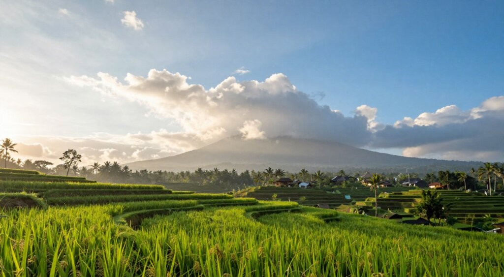 A vibrant and serene Bali landscape showcasing the transition of October weather, featuring lush green rice terraces in the foreground, with a gentle morning sun casting soft, warm light. In the middle ground, a clear sky gradually blends into fluffy, white clouds, symbolizing occasional rainfall typical of the month. A distant mountain silhouette looms under a bright blue sky, with scattered sunlight breaking through the clouds. Tiny raindrops glisten in the air, reflecting sunlight, creating a sense of freshness. The atmosphere feels inviting and peaceful, perfect for adventure. The image captures the essence of Bali's climate in October, illustrating the balance of warmth, light, and seasonal rain, framed in a dynamic and picturesque composition. A vibrant and serene Bali landscape showcasing the transition of October weather, featuring lush green rice terraces in the foreground, with a gentle morning sun casting soft, warm light. In the middle ground, a clear sky gradually blends into fluffy, white clouds, symbolizing occasional rainfall typical of the month. A distant mountain silhouette looms under a bright blue sky, with scattered sunlight breaking through the clouds. Tiny raindrops glisten in the air, reflecting sunlight, creating a sense of freshness. The atmosphere feels inviting and peaceful, perfect for adventure. The image captures the essence of Bali's climate in October, illustrating the balance of warmth, light, and seasonal rain, framed in a dynamic and picturesque composition.