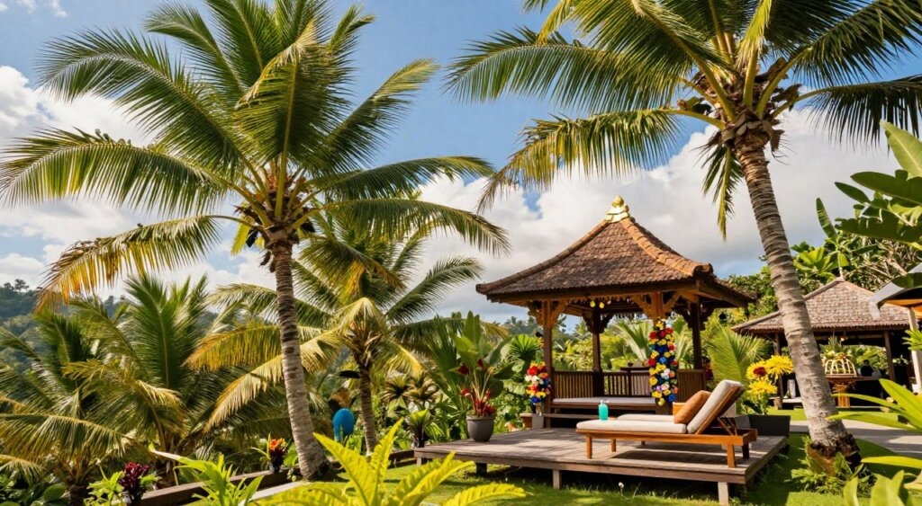 A vibrant and serene tropical scene capturing the essence of Bali's weather in July. In the foreground, lush green palm trees sway gently, their fronds reflecting the warm sunlight. A small wooden deck with comfortable lounge chairs showcases a refreshing tropical drink, emphasizing relaxation. In the middle ground, a traditional Balinese gazebo adorned with colorful flowers offers a picturesque setting. The background features a clear blue sky dotted with soft white clouds, while distant hills provide a sense of depth. The lighting is bright and inviting, akin to midday sunshine, creating a warm and welcoming atmosphere. The overall mood reflects tranquility and the inviting climate, perfect for illustrating the temperature and humidity during Bali's July weather.