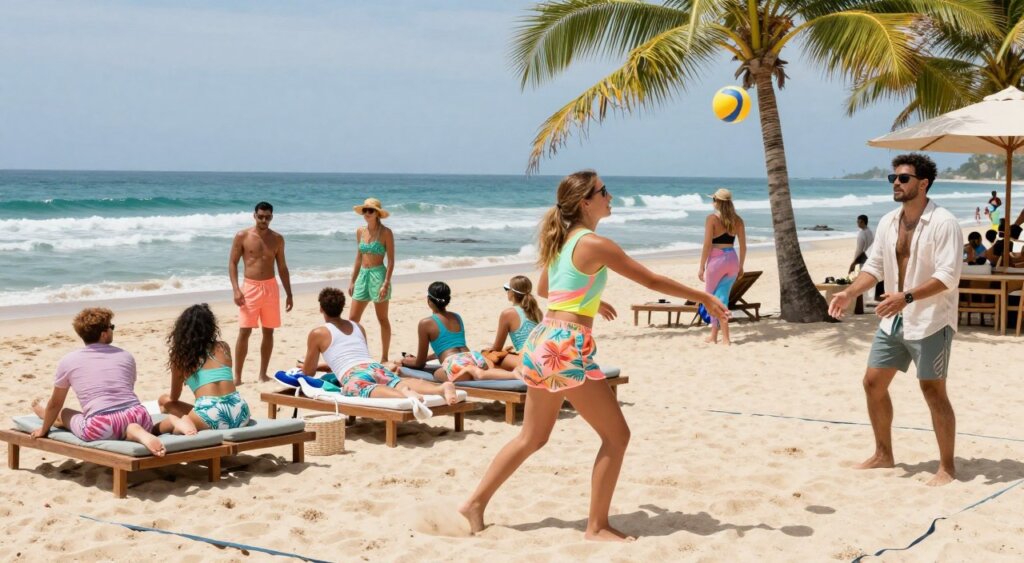 A vibrant beach club scene in Bali, featuring a diverse group of people wearing stylish outdoor adventure outfits and activewear. In the foreground, a young woman in a lightweight, bright-colored tank top and airy shorts is playing beach volleyball, while a man beside her wears a casual button-up shirt and breathable pants. In the middle, several friends lounge on sunbeds, showcasing their trendy activewear, with pastel hues and tropical patterns. The background features crystal-clear ocean waves gently lapping at a sandy shore, with palm trees swaying in the breeze. The lighting is bright and sunny, capturing the essence of a perfect beach day. The mood is lively and fun, emphasizing an adventurous yet relaxed atmosphere, perfect for outdoor activities.